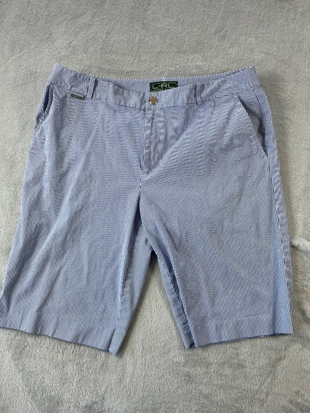 L-RL Ralph Lauren Blue & White Stripe Shorts Golf Coastal Casual sz 12